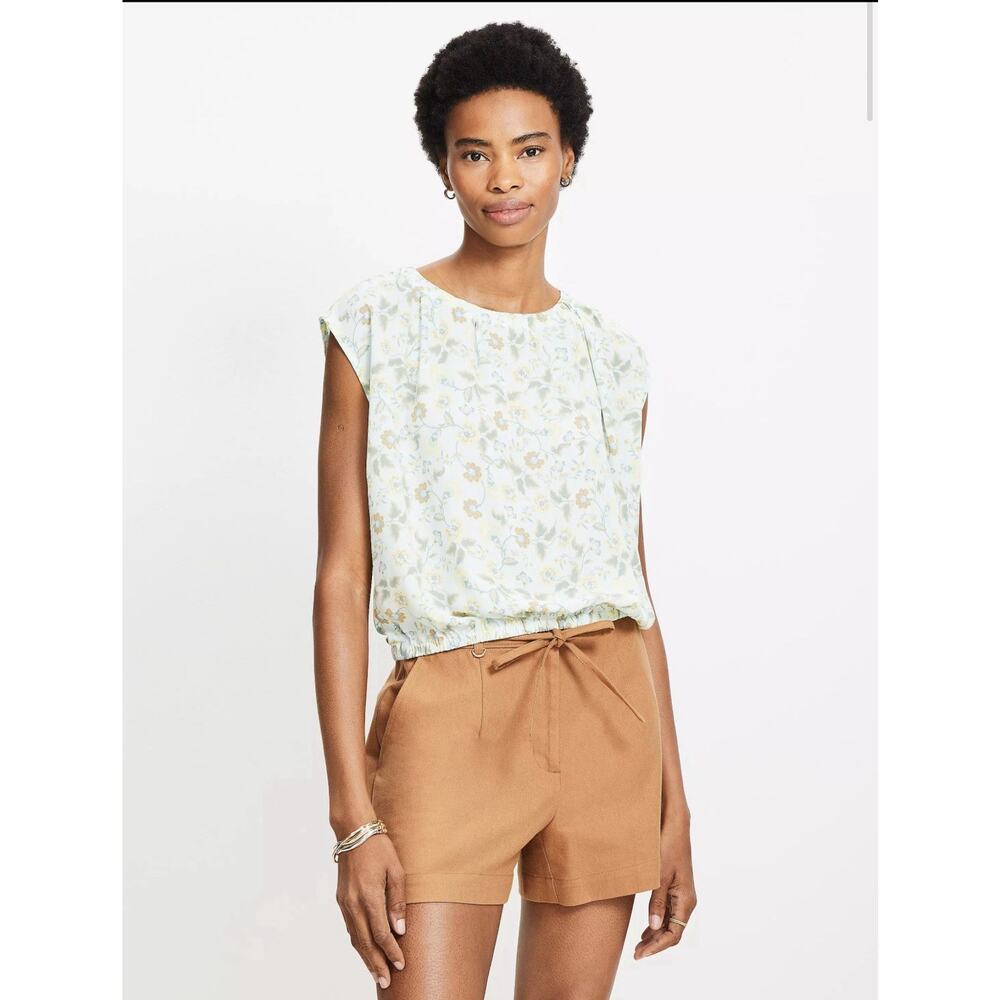 Loft Garden Bubble Hem Mixed Media Top Blue Green Floral Medium